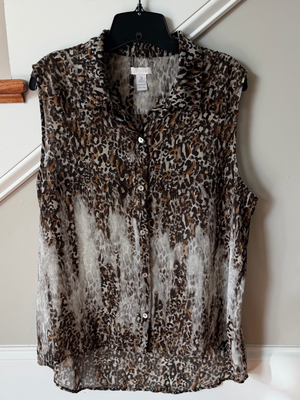 Chico's Women's Leopard Sleeveless Button Up Sheer Top Size (3) XL